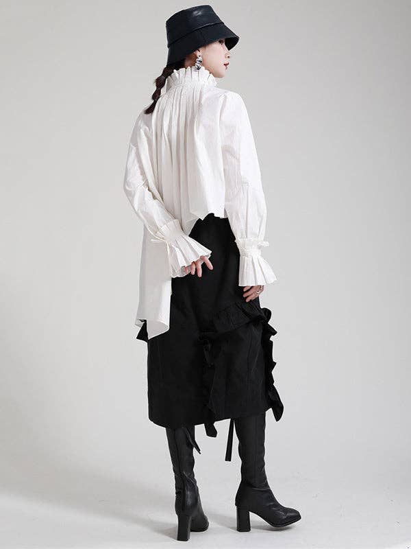 WHITE Original Stylish Irregular Pleated Buttoned Stand Collar Long Sleeves Blouse for wholesale on Faire10