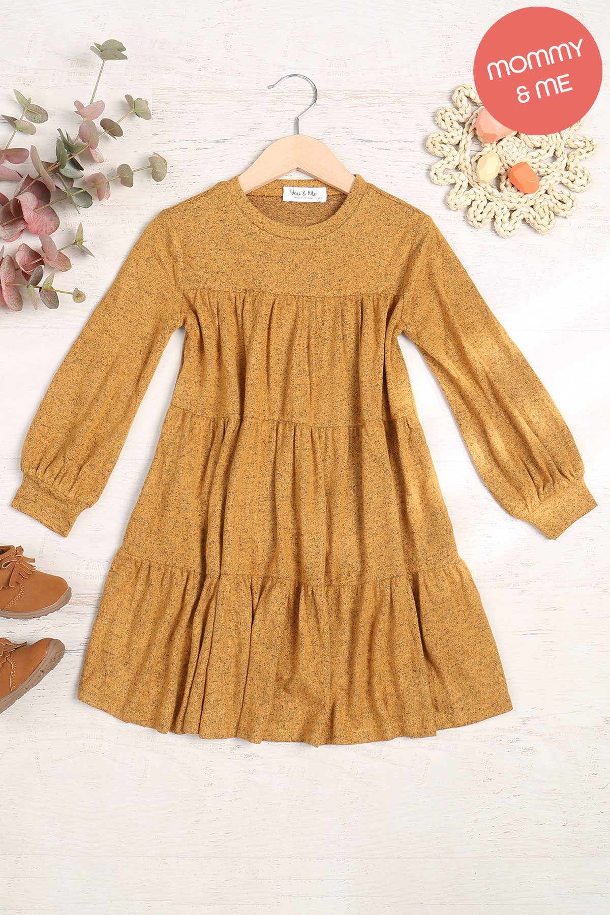 You & Me - Wholesale Dress - Kids - YMD10064TKV-KIDS PUFF LONG SLEEVE TIERED HACCI BRUSHED DRESS2
