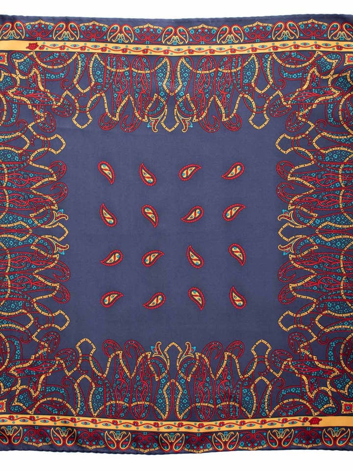 Vintage zijden pochet blauw paisley geel rood Tiffany POCV1062 voor wholesale door Graffeo Cravatte