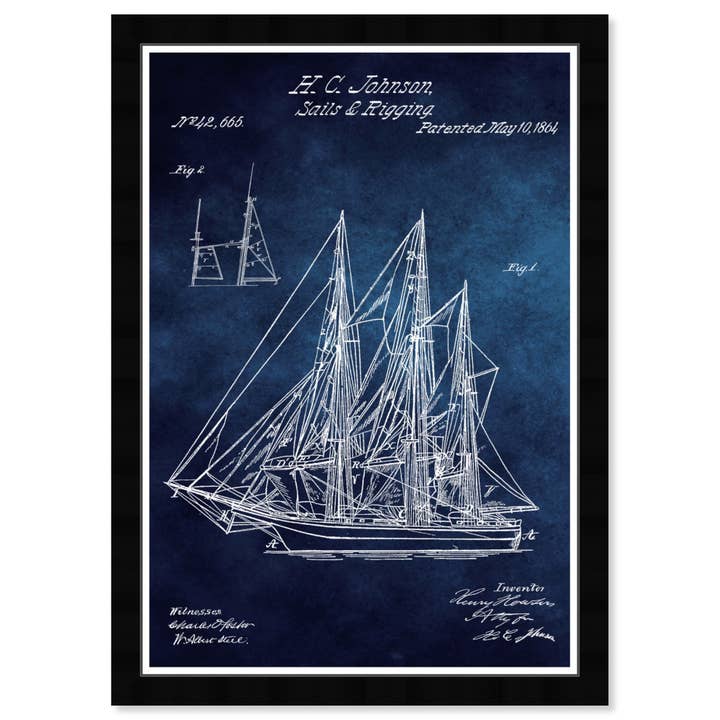 13" x 19" Sail and Rigging 1864 Blue Chalkboard Framed Art for wholesale by The Oliver Gal Artist