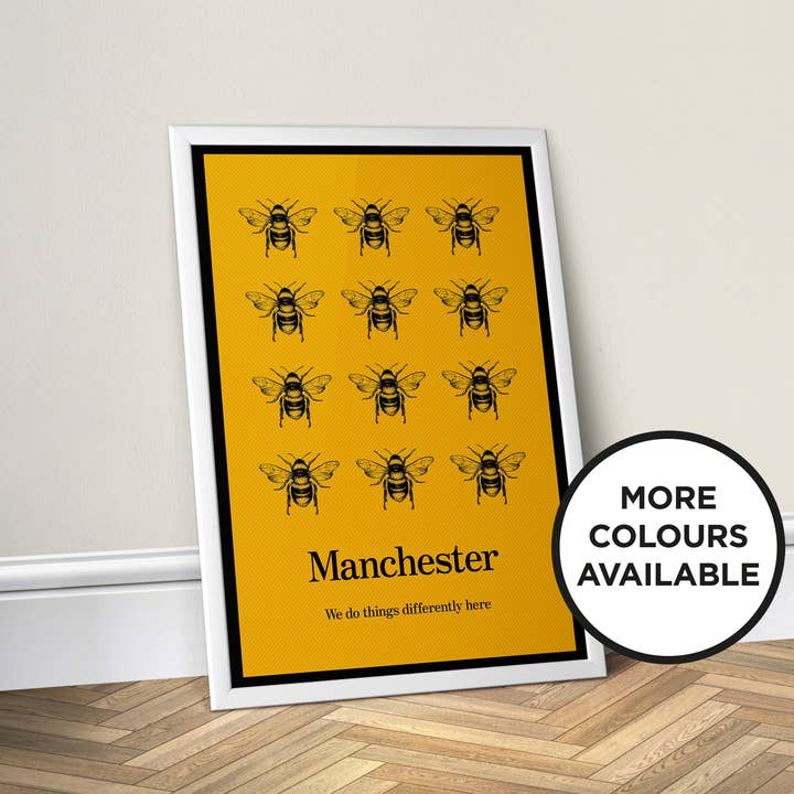 Manchester Bee(s) - Colour, Made in Manchester Wall Print for wholesale by Print Club North