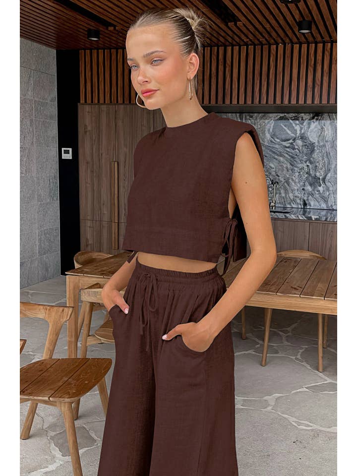 Sweetkama - Wholesale Top & Pant Set (NOT Loungewear) - Women's - Linen Sleeveless Crop Top and Pants 2PCS Set 2TZ2186