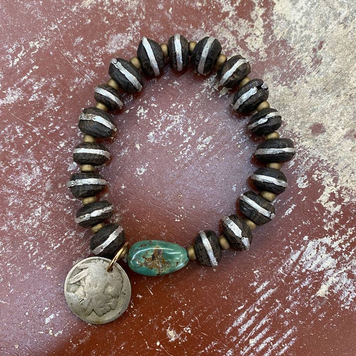 J.Forks Designs - Wholesale Beaded Bracelet - 13662-41 Wood/Slv w/Turquoise Stacker Bracelet0