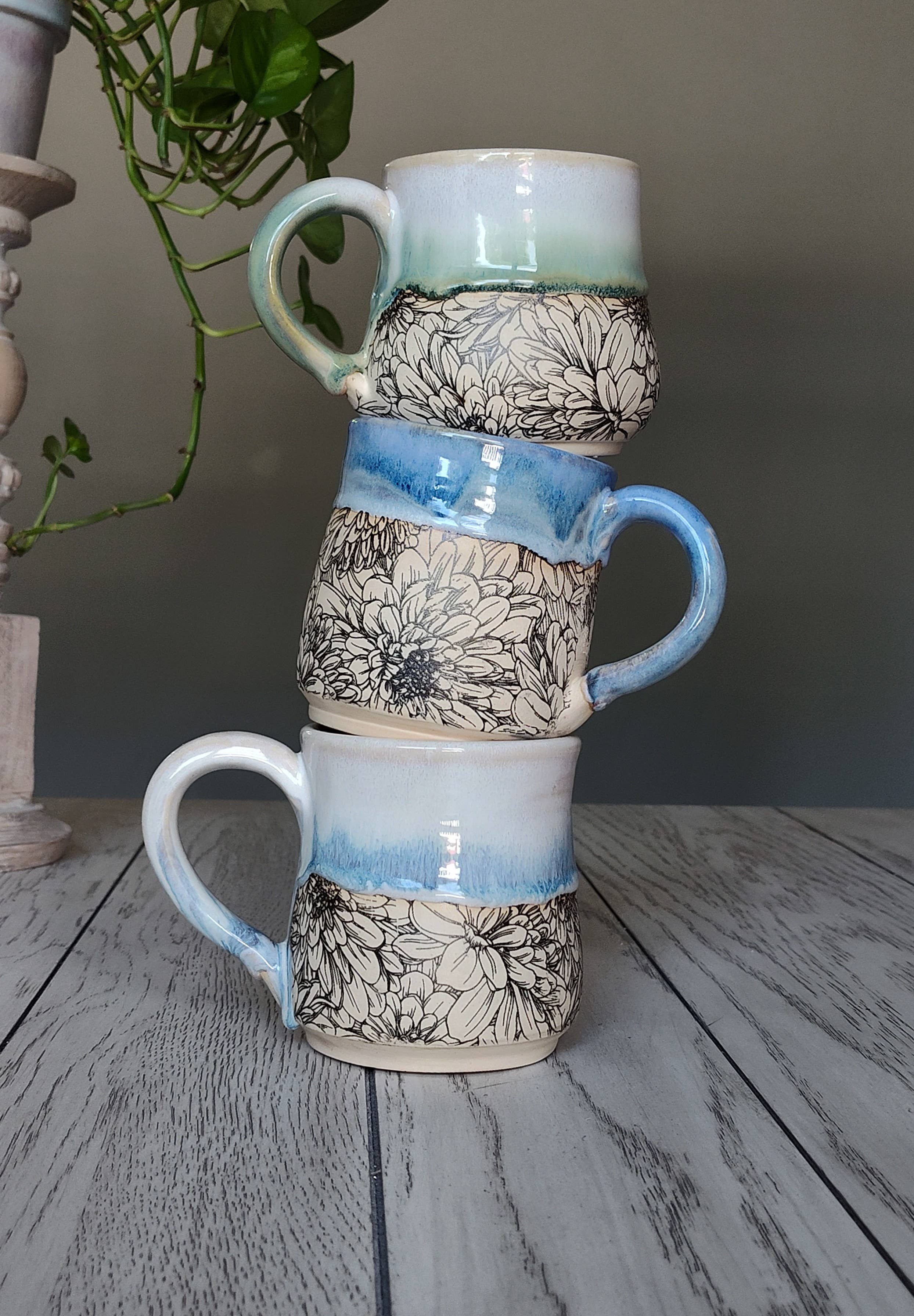 Rise and Design Art Studio - Wholesale Coffee Mug - Flower Textured Green Mug – Handmade Ceramic (12-16 oz)3