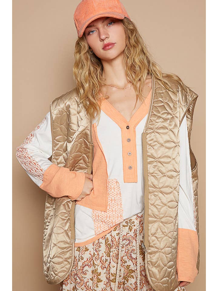 MOCHA Out seam zipper pockets floral patterned quilted vest SALE for wholesale on Faire3