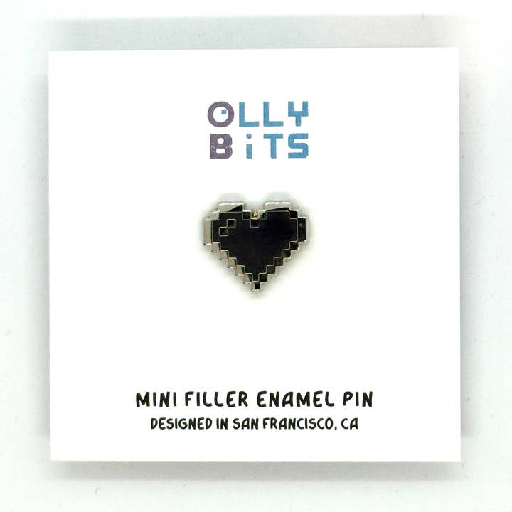 Black Pixel Heart Mini Filler Enamel Pin for wholesale by Ollybits Pixel Art