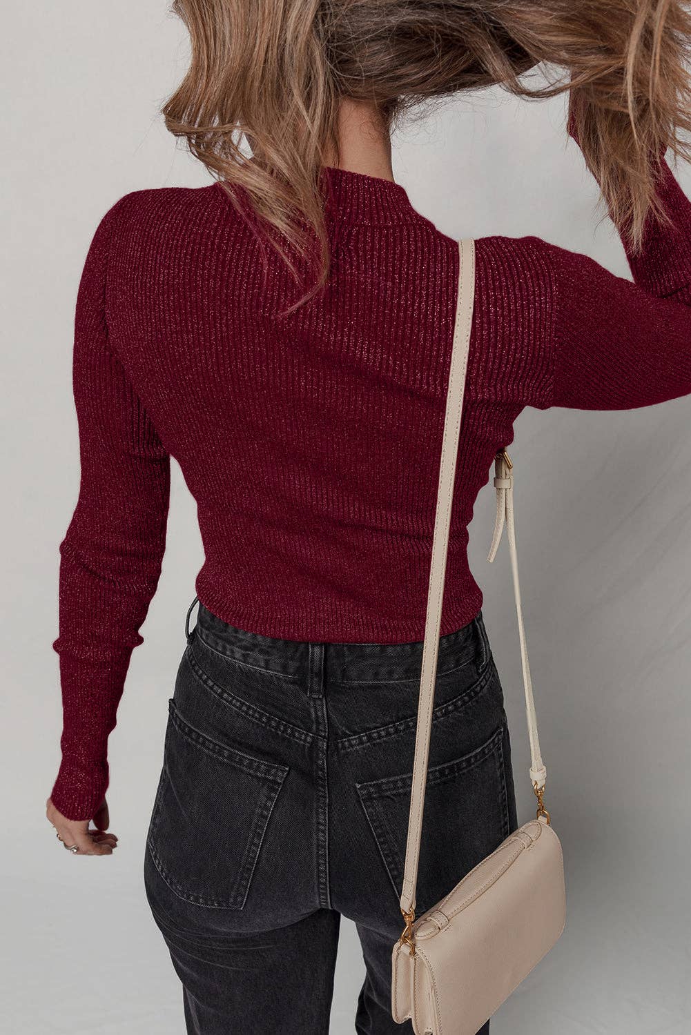 Red Dahlia Solid Metallic Ribbed Knit Long Sleeve Top for wholesale on Faire1