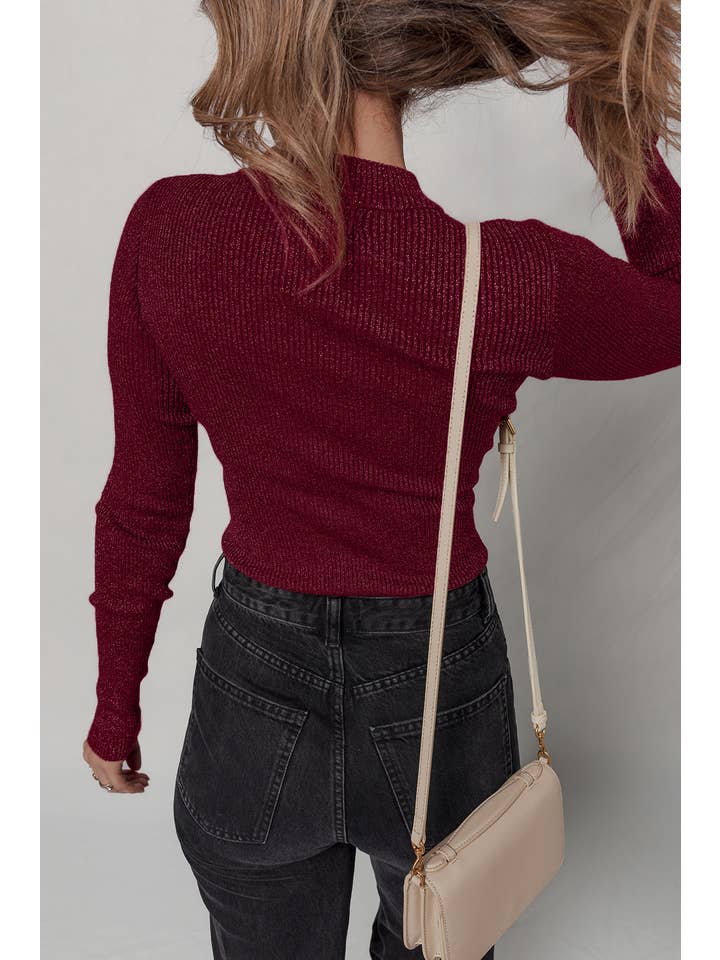 Red Dahlia Solid Metallic Ribbed Knit Long Sleeve Top for wholesale on Faire1