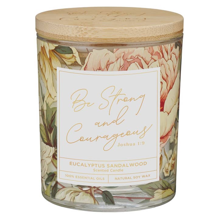 Glass Candle Bamboo Lid Floral Strong & Courageous Josh 1:9 for wholesale by Christian Art Gifts