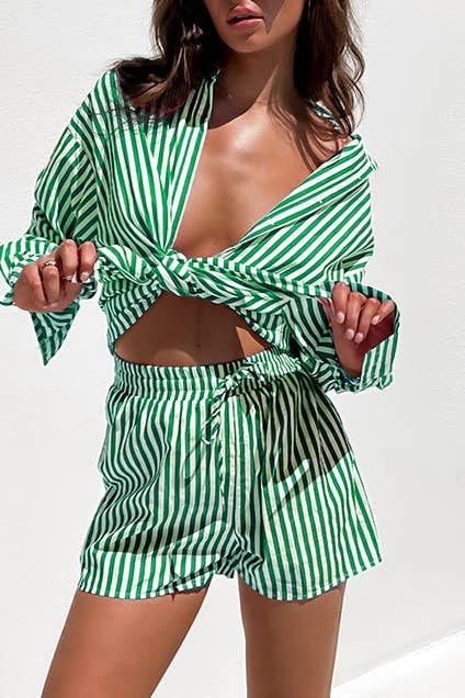 Rosa Clothing - Wholesale Top & Short Set (NOT Loungewear) - Women's - classic striped long sleeve shirt & short set holiday dressy26