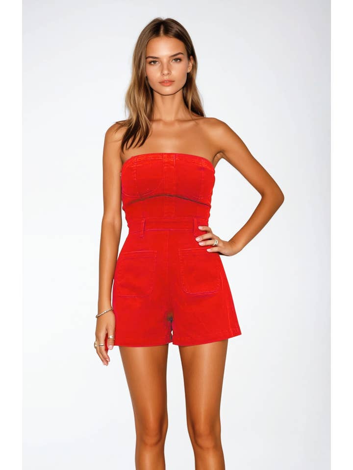 COLOR DENIM TUBE ROMPER W4407RIB RED for wholesale on Faire1
