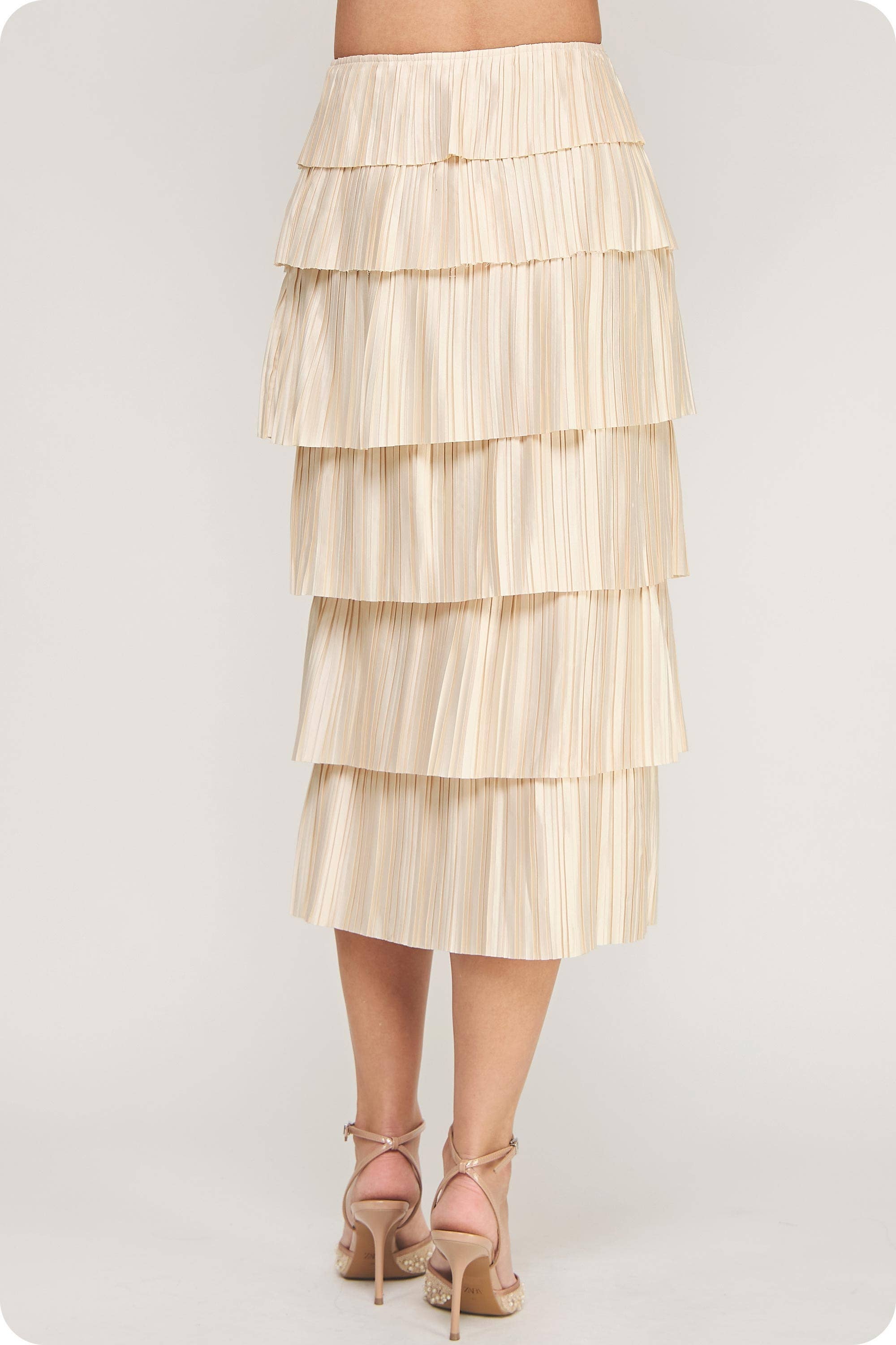 Strut & Bolt - Wholesale Skirt - Women's - Pleated Satin Tiered Midi Skirt2