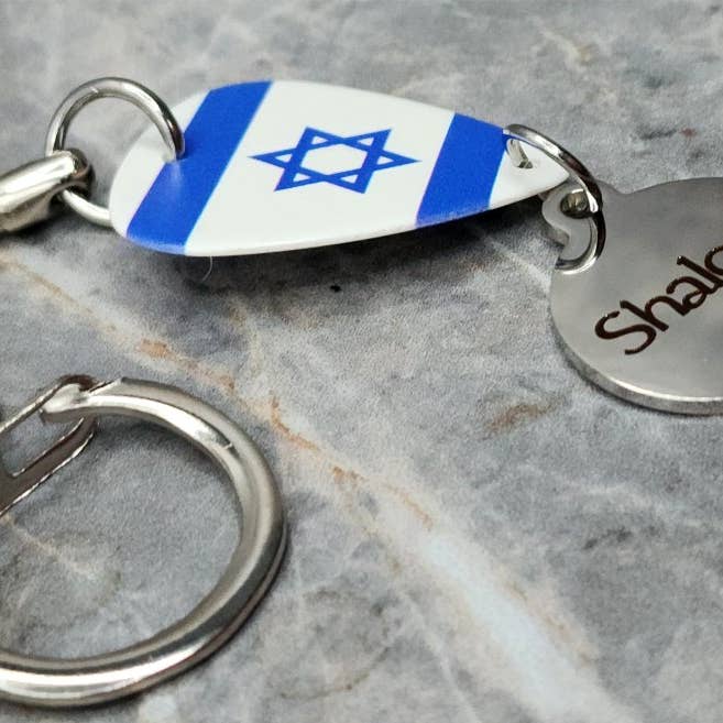 Simply Raevyn - Wholesale Keychain - Unisex - Israeli Flag Guitar Pick Keychain with Shalom Charm