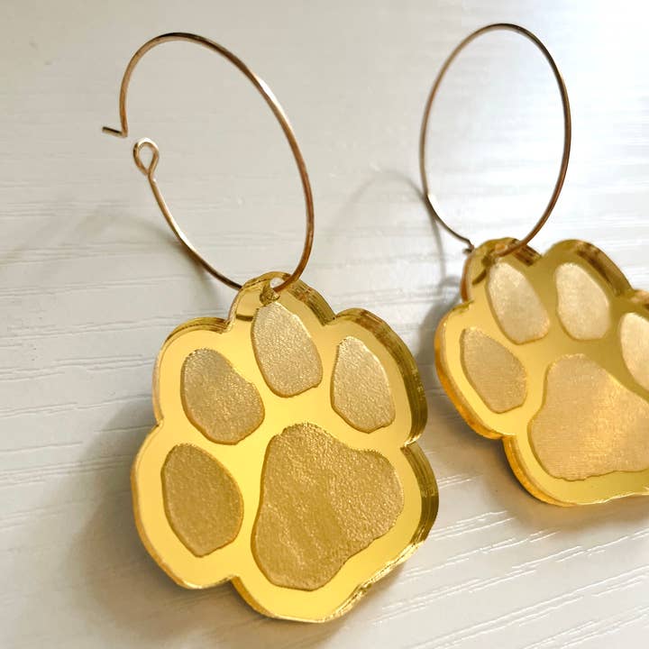 Louie Love - Wholesale Hoop Earrings - Gold Engraved Football Sports Paw Hoop Earrings