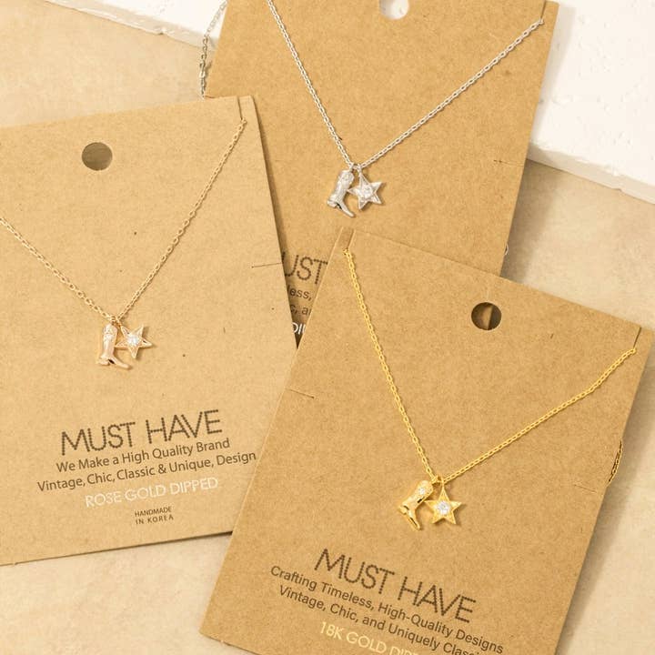 Gold Dipped Cowboy Boots Star Pendant Necklace for wholesale by Fame Accessories