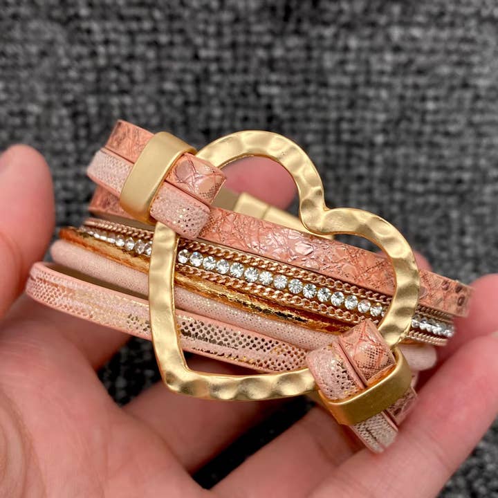 Mio Queena – Engroshandel Armbånd – Hjertecharm Rhinestone Læder Magnetisk Spænde Armbånd -LB