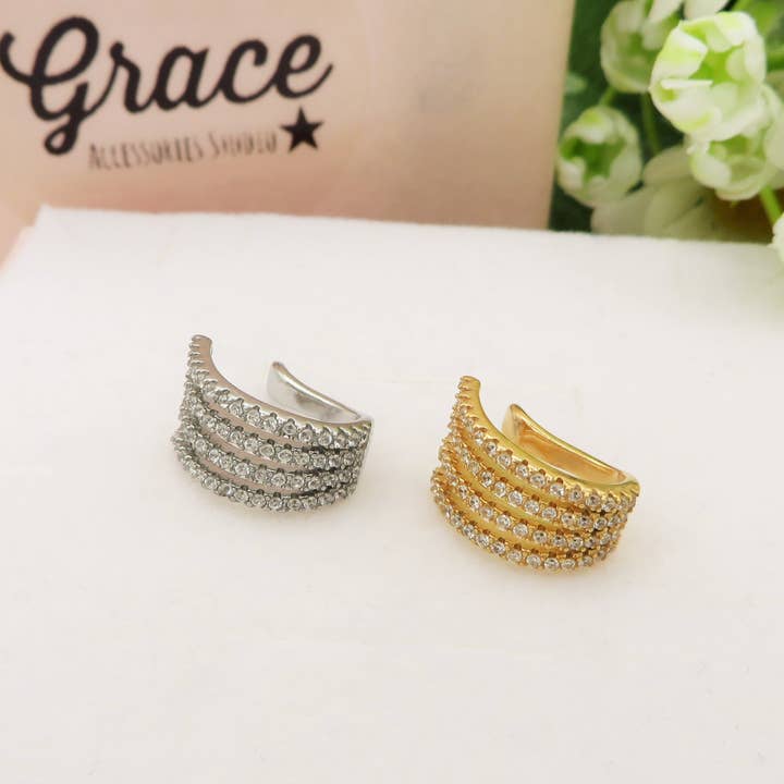 EARCUFF 4 draden ~ ROESTVRIJ Stalen oorbel Zonder gaatje met cubic zirconia voor wholesale door Daemon srls