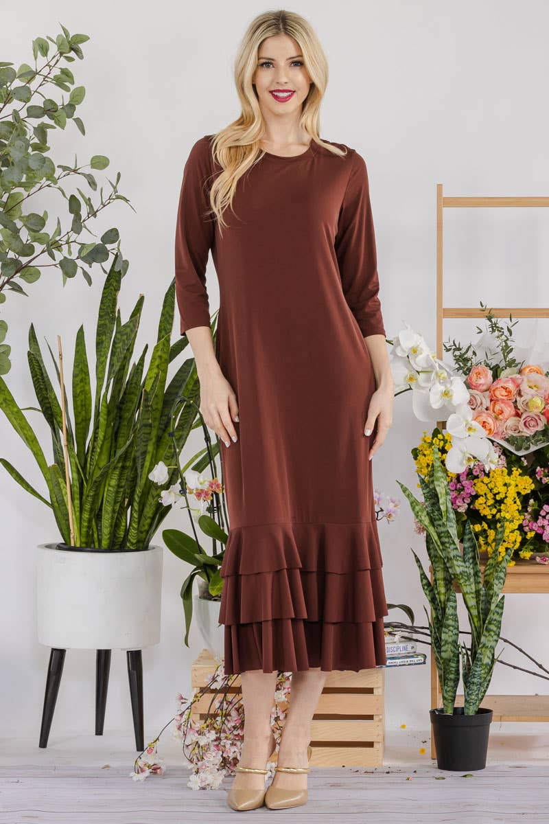 Celeste Clothing – Großhandel Kleid – Damen – Großgrößen-Midikleid mit gestuften Rüschen und 3/4-Ärmeln28