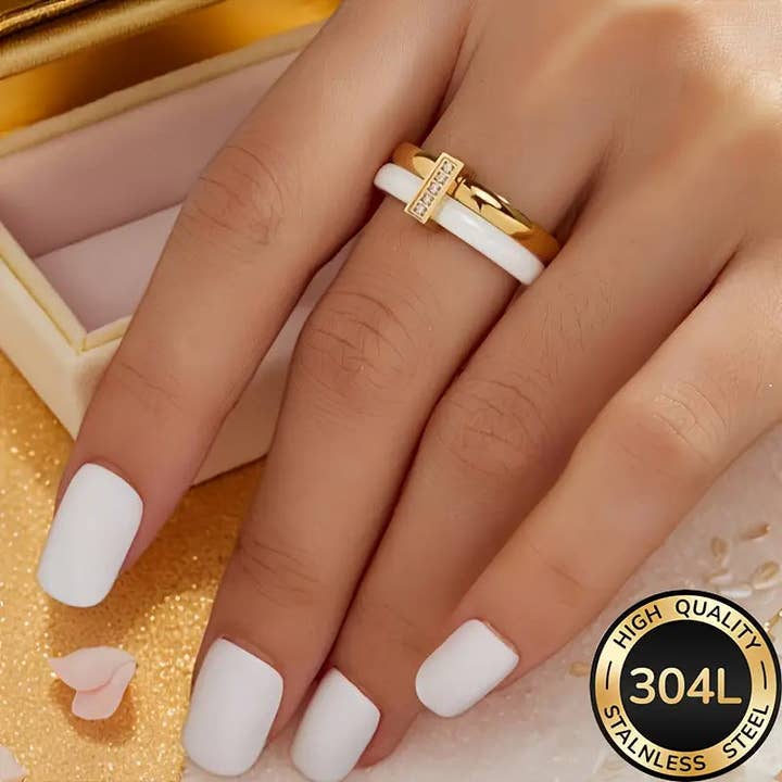 White Ceramic Ring Gold Plated CZ Wedding Band for wholesale by Huis Van Merken