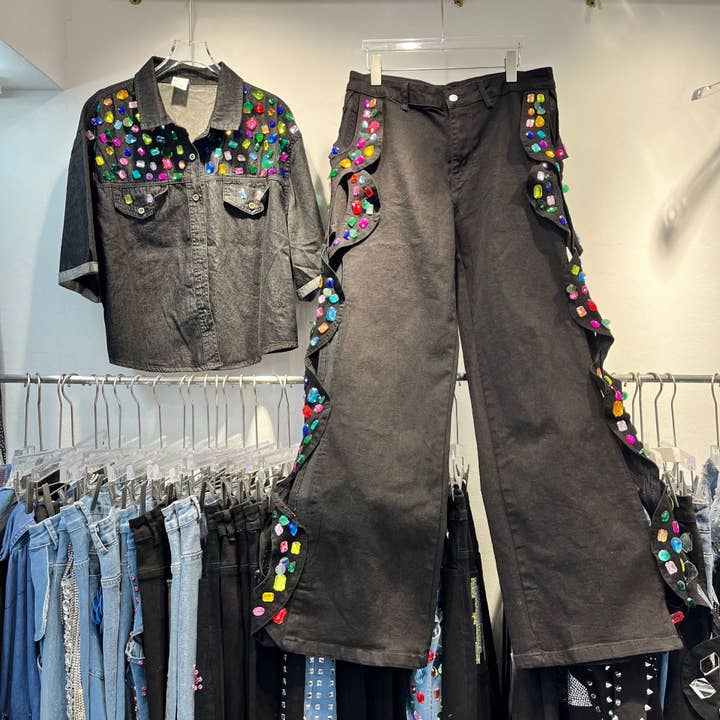 M137 Färgglada Diamantpärlade Ihåliga Stretch Raka Jeans för wholesale av Sanyao Fashion