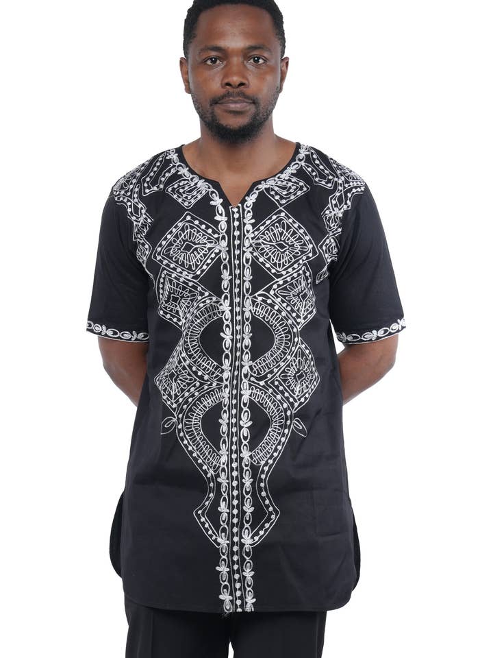 Black and White Embroidered Shirts For Men for wholesale by Satsuma Wholesale