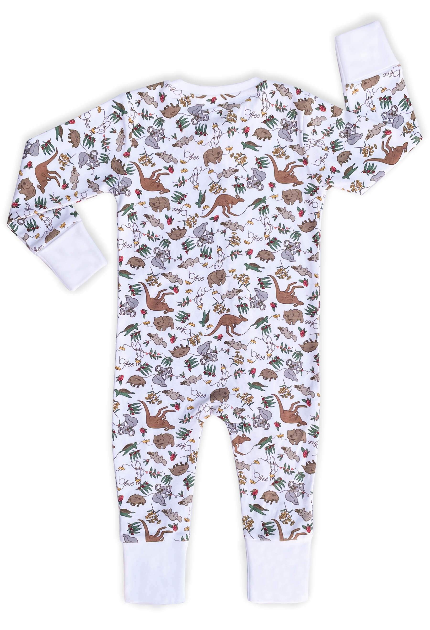 2-Way Zip Baby Sleepsuit with Foldable Mitts - 100% Organic Cotton - Native Aussie Animals for wholesale on Faire2