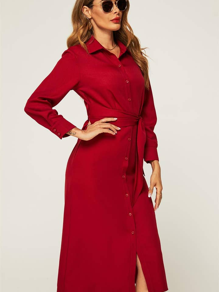 FS Collection - Wholesale Dress - Women's - Wine Red Midi Shirt Dress With Tie Waist