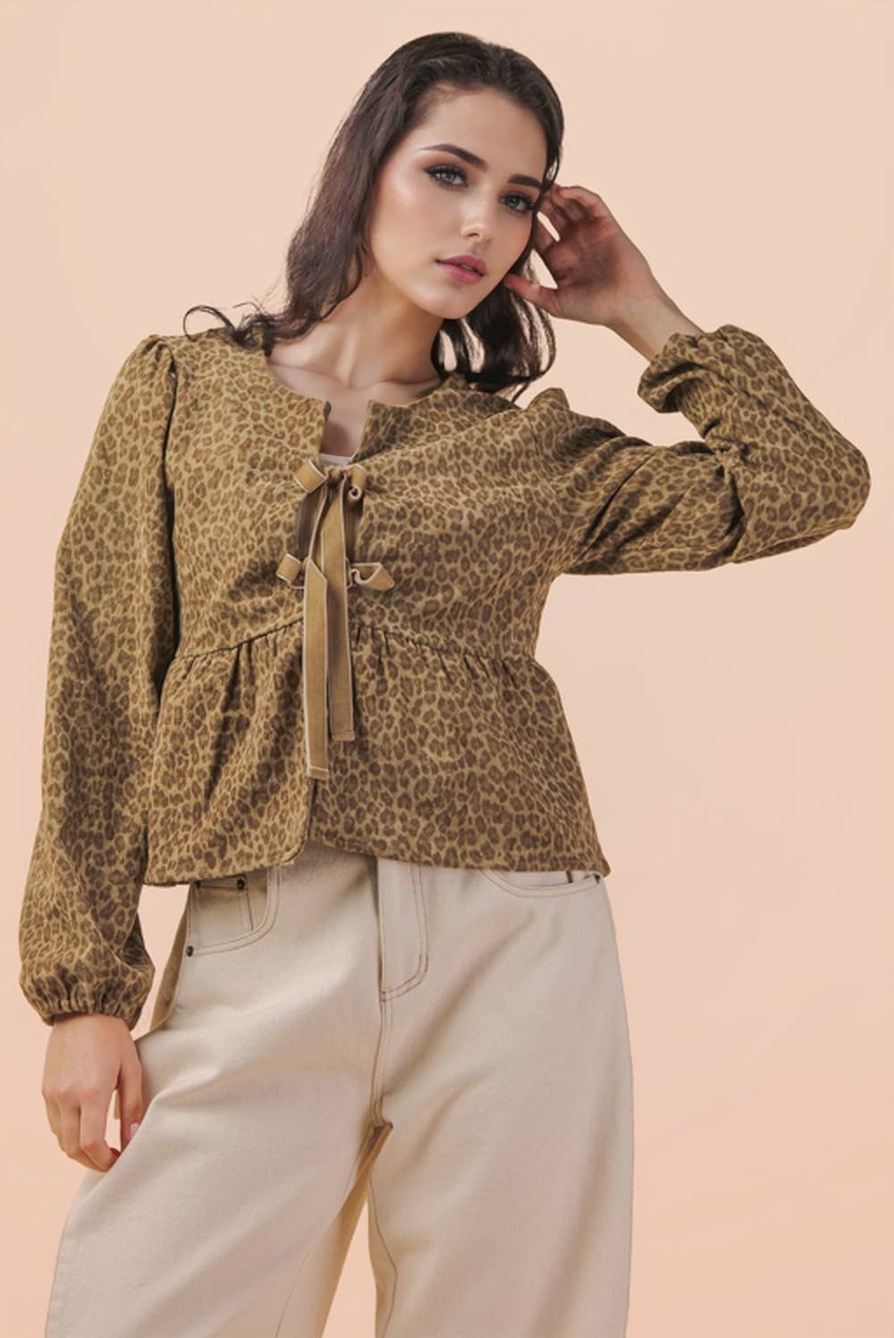 VERY J - Wholesale Blouse - Women's - NT12244-Leopard Printed Front Tie Woven Blouse Top10