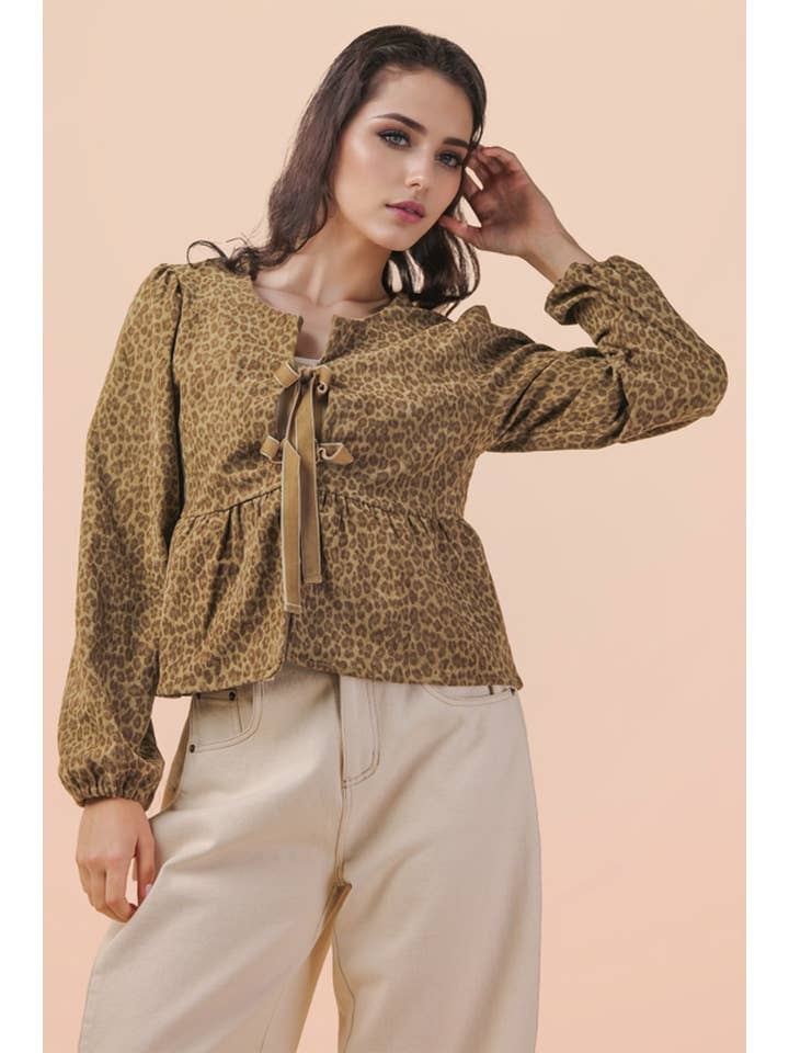 VERY J - Wholesale Blouse - Women's - NT12244-Leopard Printed Front Tie Woven Blouse Top10