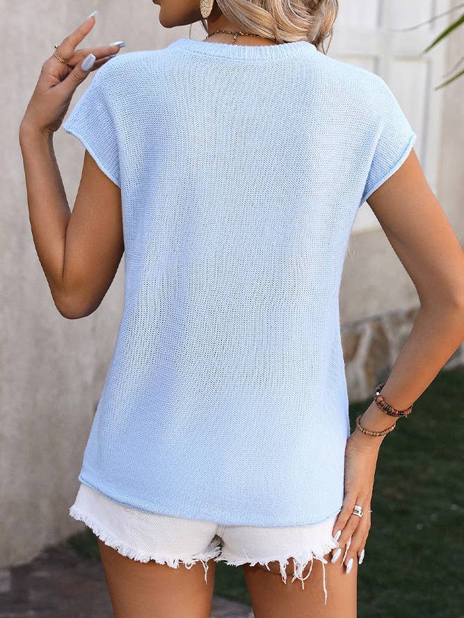 Comely Fashion - Vente Haut en maille – femme - Haut en tricot à manches courtes et col rond à coutures apparentes21