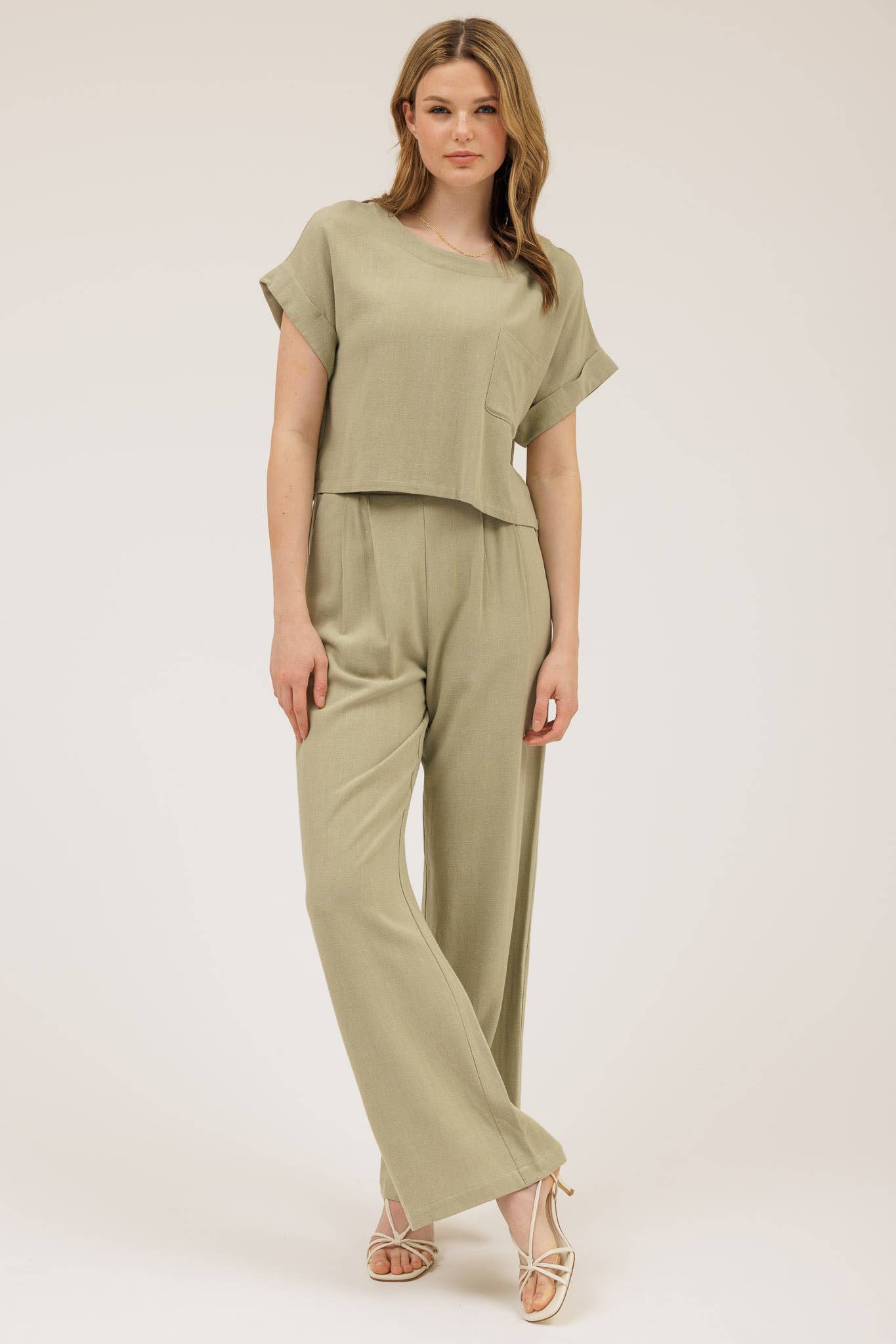 Blu Pepper - Vendita all'ingrosso Pantalone - Donna - Pantaloni a gamba ampia plissettati in lino con vita alta3