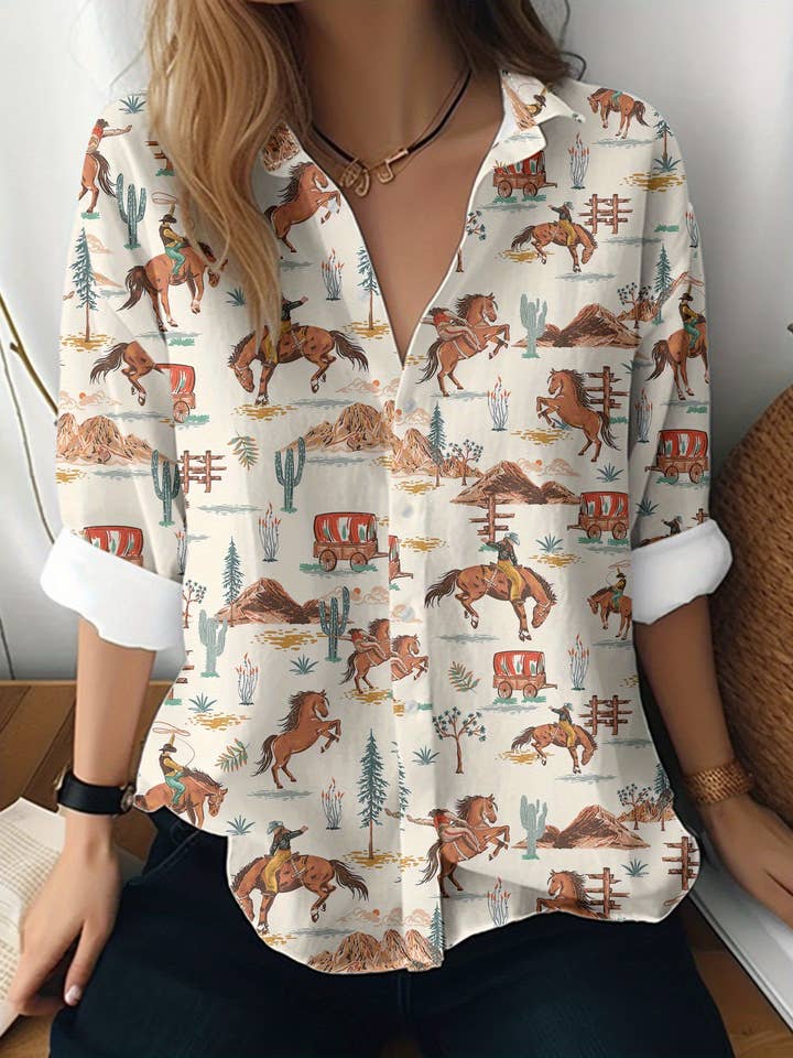 Rosa Clothing - Wholesale Button Down Shirt - Women's - Wild Western Cowboy Rodeo print button-up shirt1