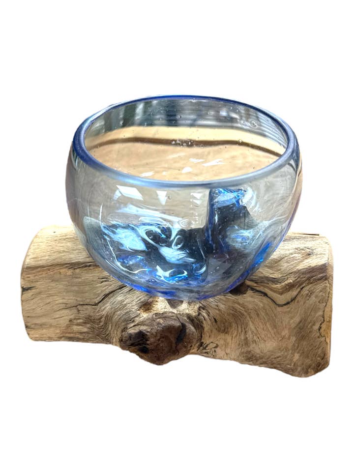 Blåst blå glasskål på träbas, 5,5" x 4" för wholesale av Tremont Floral Supplies
