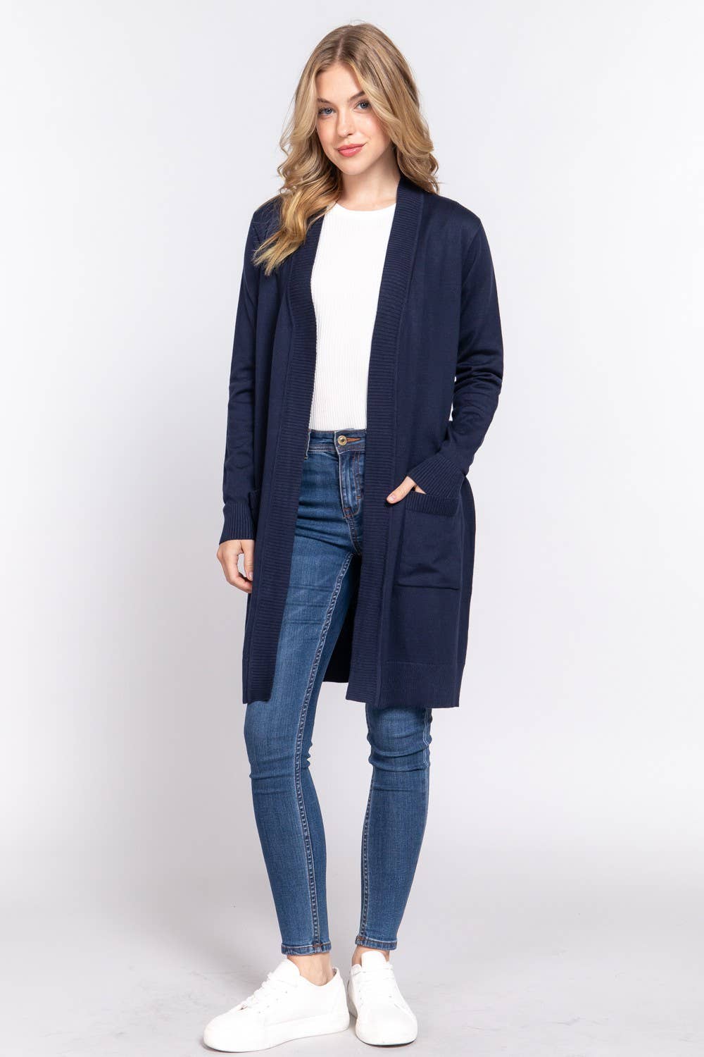 Active Basic | Active USA - Vendita all'ingrosso Cardigan - Donna - Cardigan tunica aperto a costine con maniche lunghe e banda16