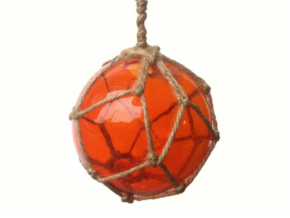 Hampton Nautical - Wholesale Decorative Tabletop Object - Orange Japanese Glass Ball Fishing Float With Brown Netting Decoration 4"2