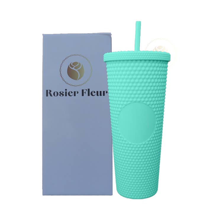 Rosier Fleur 24 oz tumbler med låg og sugerør (aqua mat, med nitter) for engroshandel hos Rosier Fleur