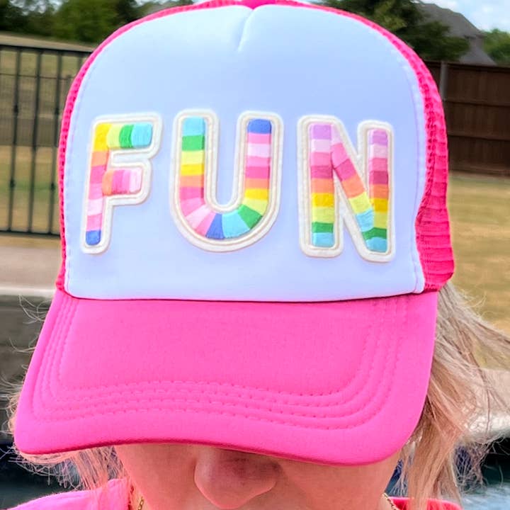 🌈 FUN 🤩 Chenille Letter Patch Hot Pink Trucker Hat for wholesale by Dilworth Road
