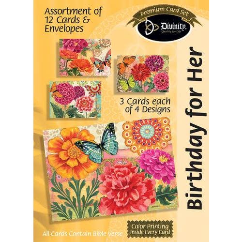 Boxed Cards: Birthday For Her, Butterfly Blooms Scripture for wholesale by Divinity Boutique