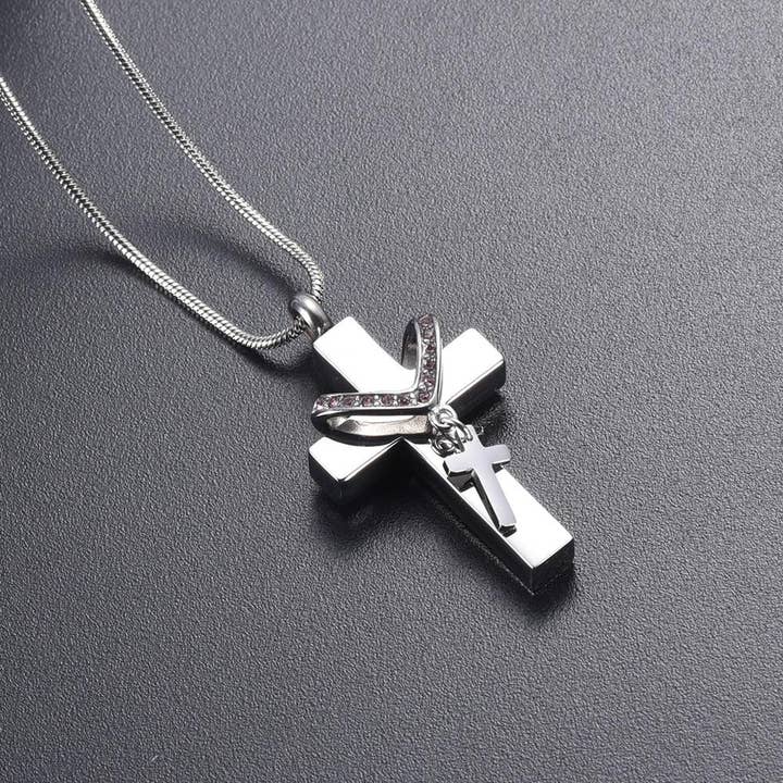 Cherished Emblems - Wholesale Halskettinghanger - Zilveren kruis & strass rozenkrans cremation urn ketting