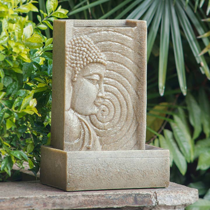 Beige Indoor Buddha Water Fountain with LED Light, Polyresin for wholesale on Faire0