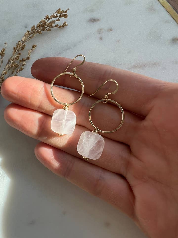 Rose Quartz 14K Goldfilled Hoop Earring • Gemstone Drop Earring • Hammered Hoop Earring • Earrings For Mom, Girlfriend, Bridesmaid, Bride for wholesale by Georgia Marie Designs