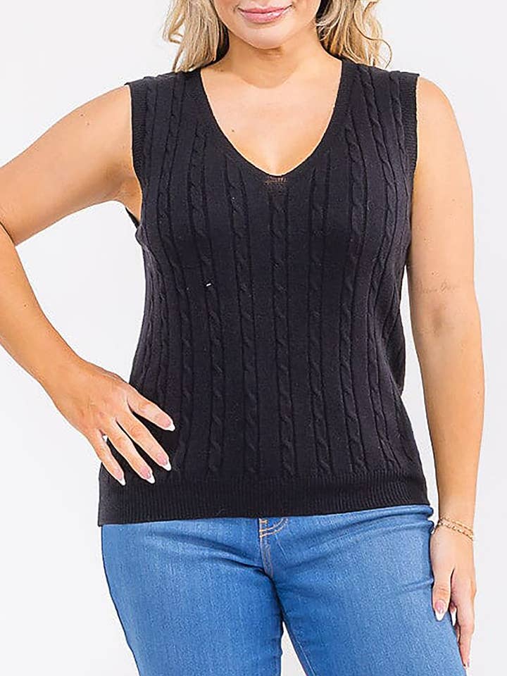 SLEEVELESS V-NECK CABLE KNIT SWEATER VEST for wholesale by ROUSSEAU