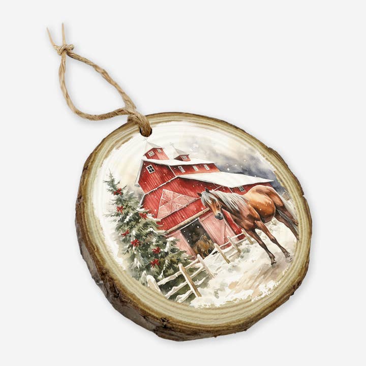 Hangout Home - Wholesale Ornament - Horse and Red Barn - Wood Ornament - Farmhouse Holiday Decor1