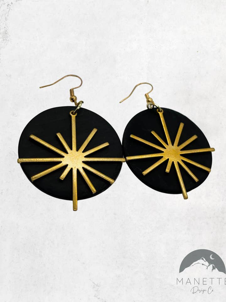 Limited Edition | Sun Earrings | Handmade polymer clay earrings | Black and gold jewelry | Brass Jewelry for wholesale by Manette Design Co