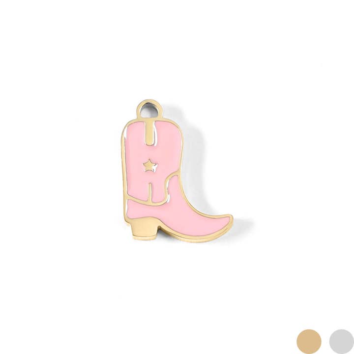 WJW - Wholesale Individual Charm/Pendant - 18K Gold PVD Stainless Steel Epoxy Pink Cowgirl Boot Charm