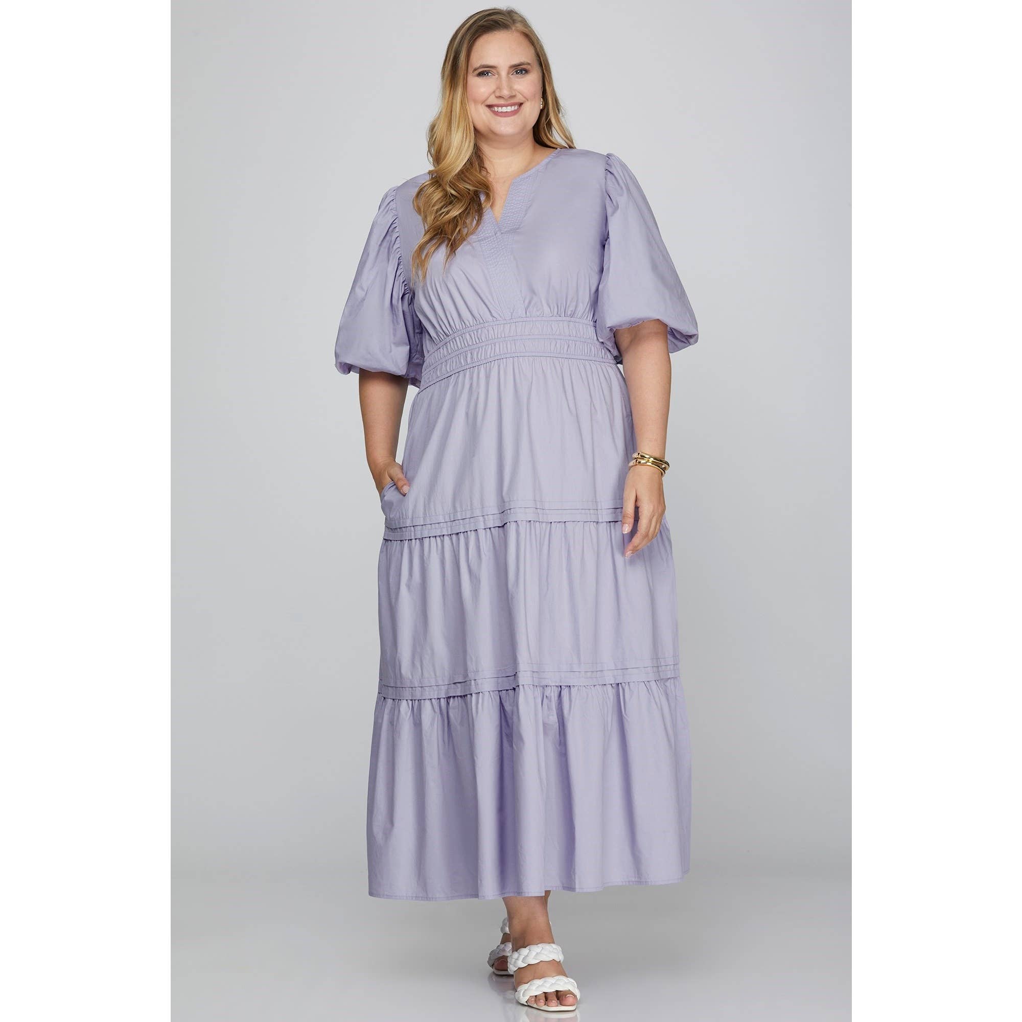 Curve Market - Wholesale Dress - Women's - PLUS SIZE POPLIN V NECK BALLOON SLEEVE WITH POCKETS TIERED M5