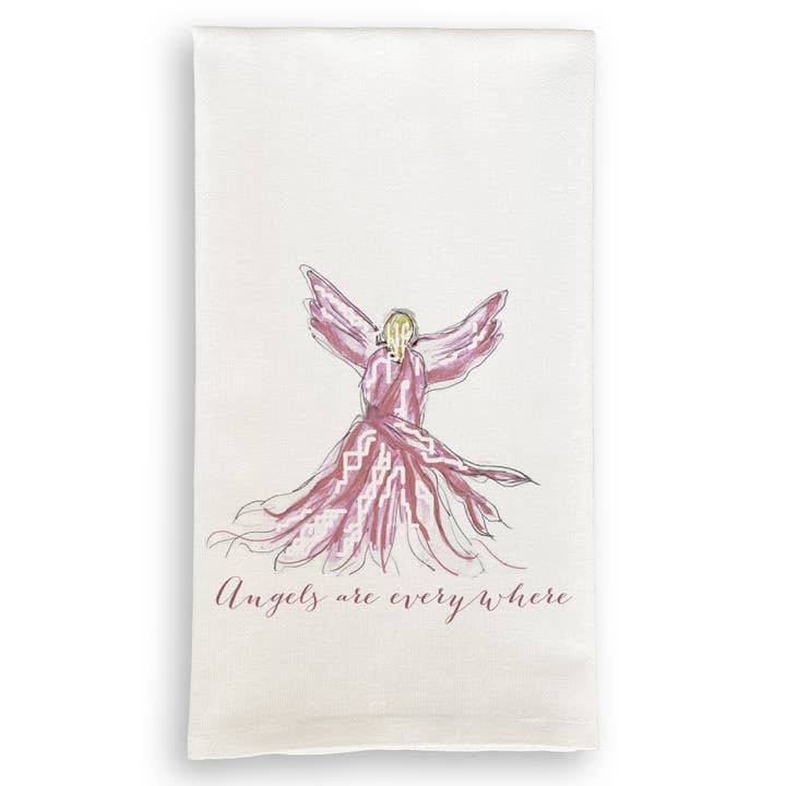 French Graffiti - Wholesale Tea Towel - Pink Whispy Angel with Angels Are Everywhere