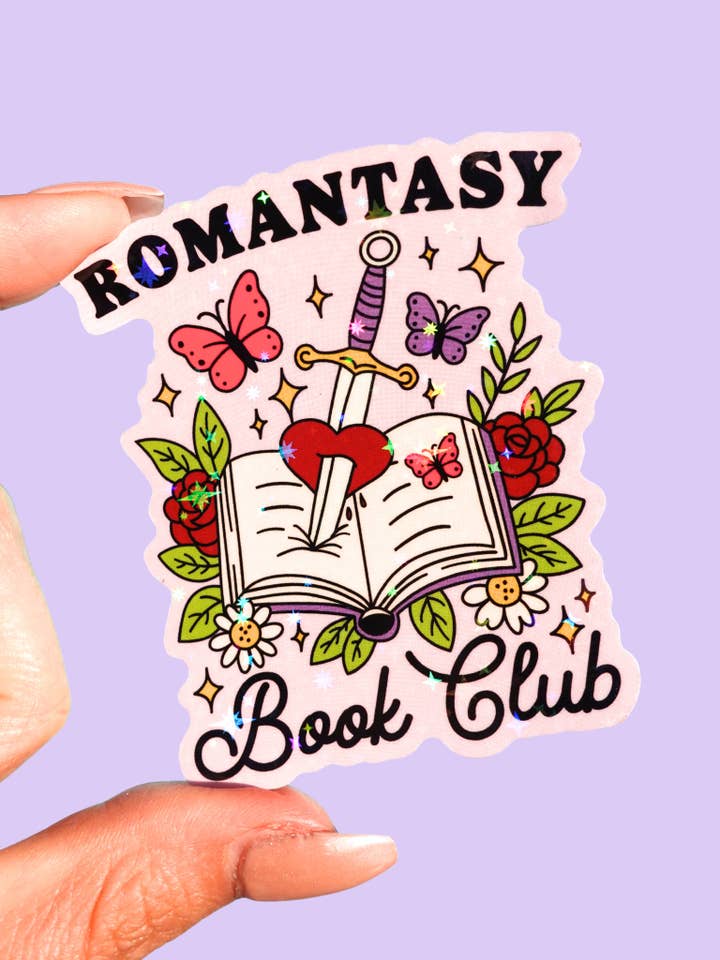 Club de lecture Romantasy | Autocollant holographique de romance fantastique pour la vente par Untamedego LLC