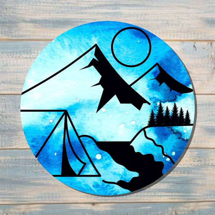 Mountain River Camping Sticker, Blue |Sticker or Magnet for wholesale by Handmade by Marlayna
