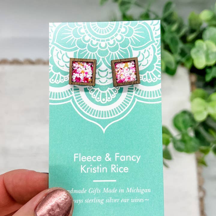 Fleece & Fancy - Wholesale Stud/Post Earrings - Laser Cut Cotton Candy Pink Glitter Stud Earrings1